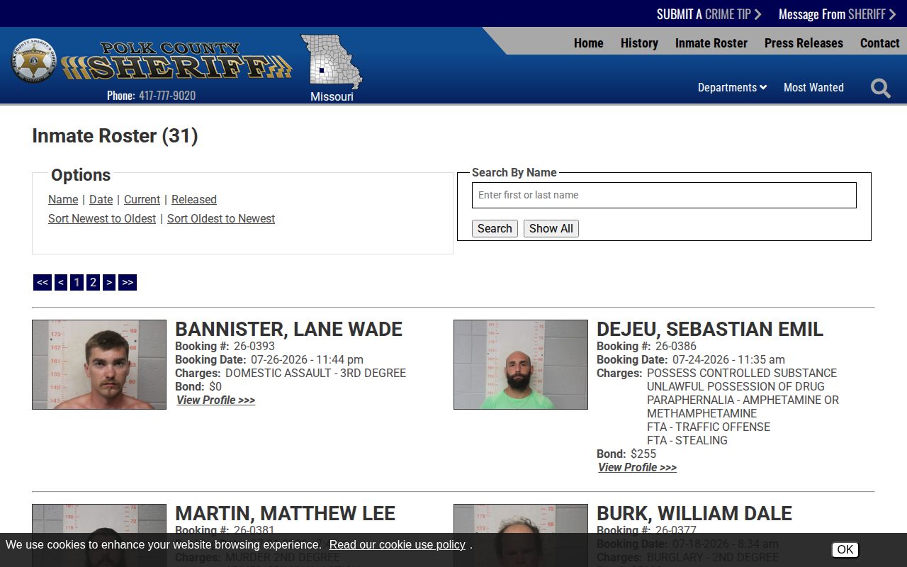 Polk County Jail current custody and released inmate selector