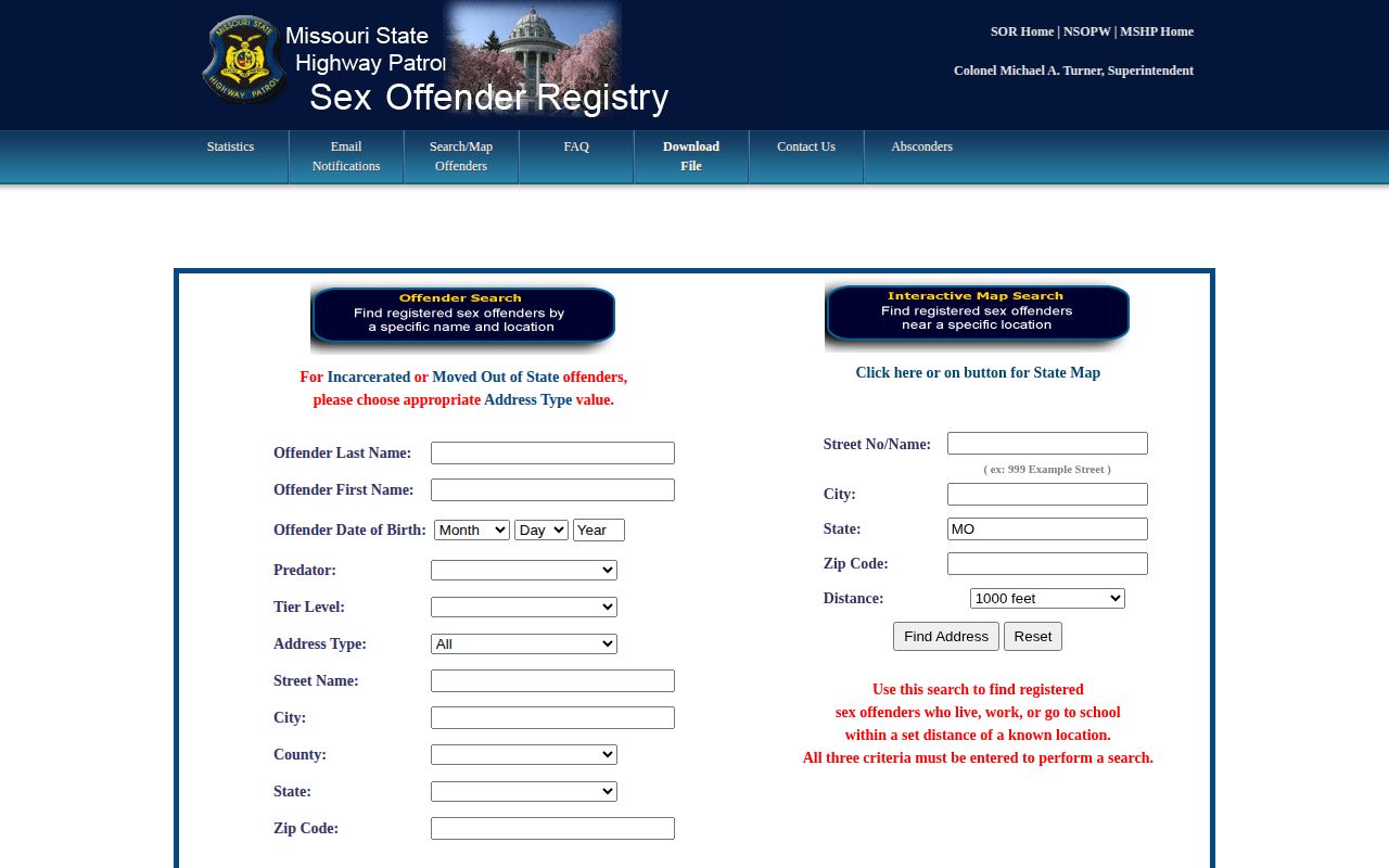 Missouri registry search fields for a Polk County released person photo